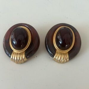 Vintage Amber or Tortoise Shell with Gold Trim Clip-On Earrings